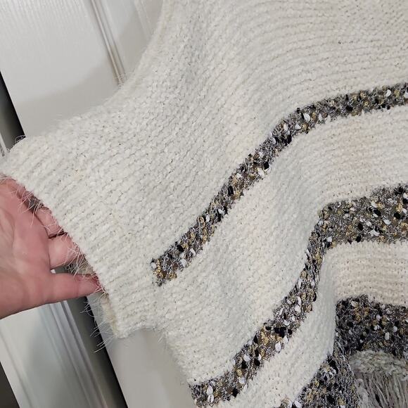 Anthropologie Moth Women's Cream Sweater Poncho Size Med Cropped Boxy Stripes - Picture 5 of 11